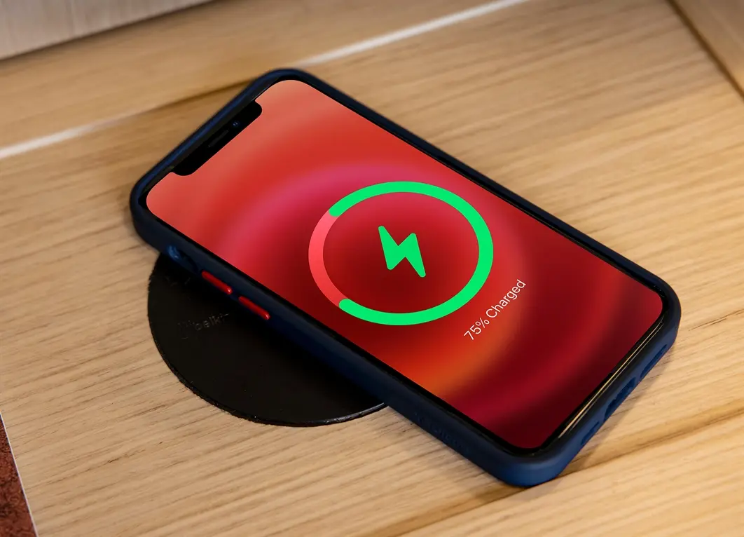 iPhone displaying a green charging icon and "75% Charged" on a wooden surface, placed on a black wireless charger.